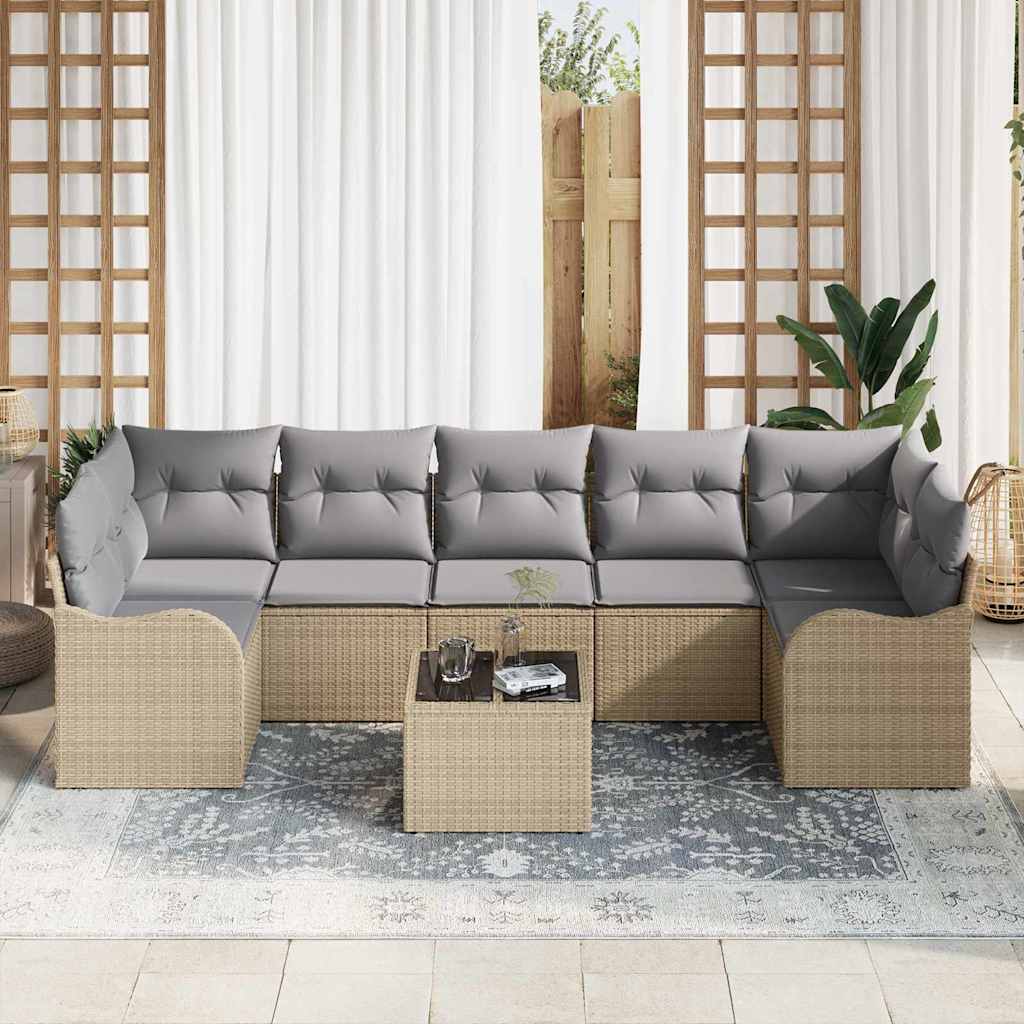 Havesofa Sæt 8 pcs Beige og grå Poly Rattan og Stål og Glas