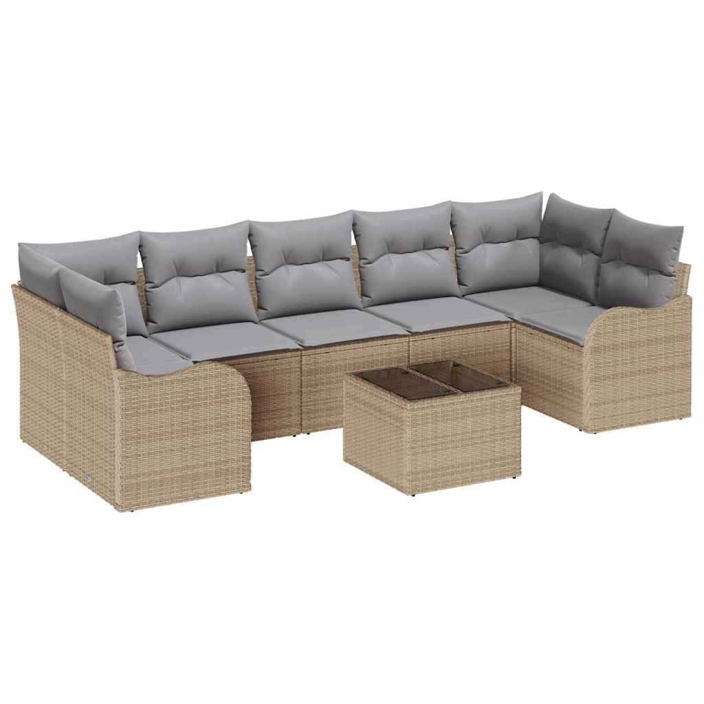 Havesofa Sæt 8 pcs Beige og grå Poly Rattan og Stål og Glas