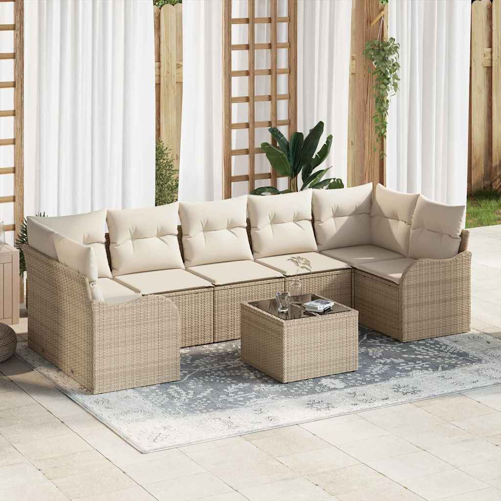 Havesofa Sæt 8 pcs Beige og creme Poly Rattan og Stål og Glas