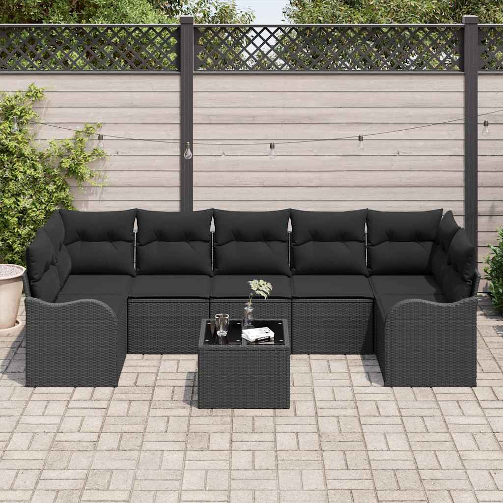 Havesofa Sæt med pude 8 pcs Sort Poly Rattan og Stål og Glas