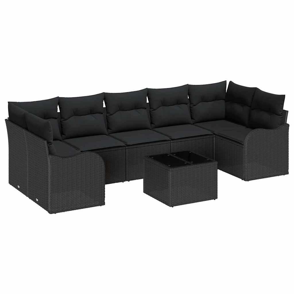 Havesofa Sæt med pude 8 pcs Sort Poly Rattan og Stål og Glas