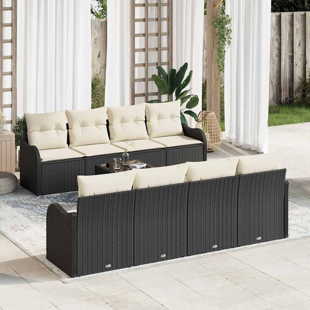 Havesofa Sæt 9 pcs Sort og Cream Poly Rattan og Stål og Glas