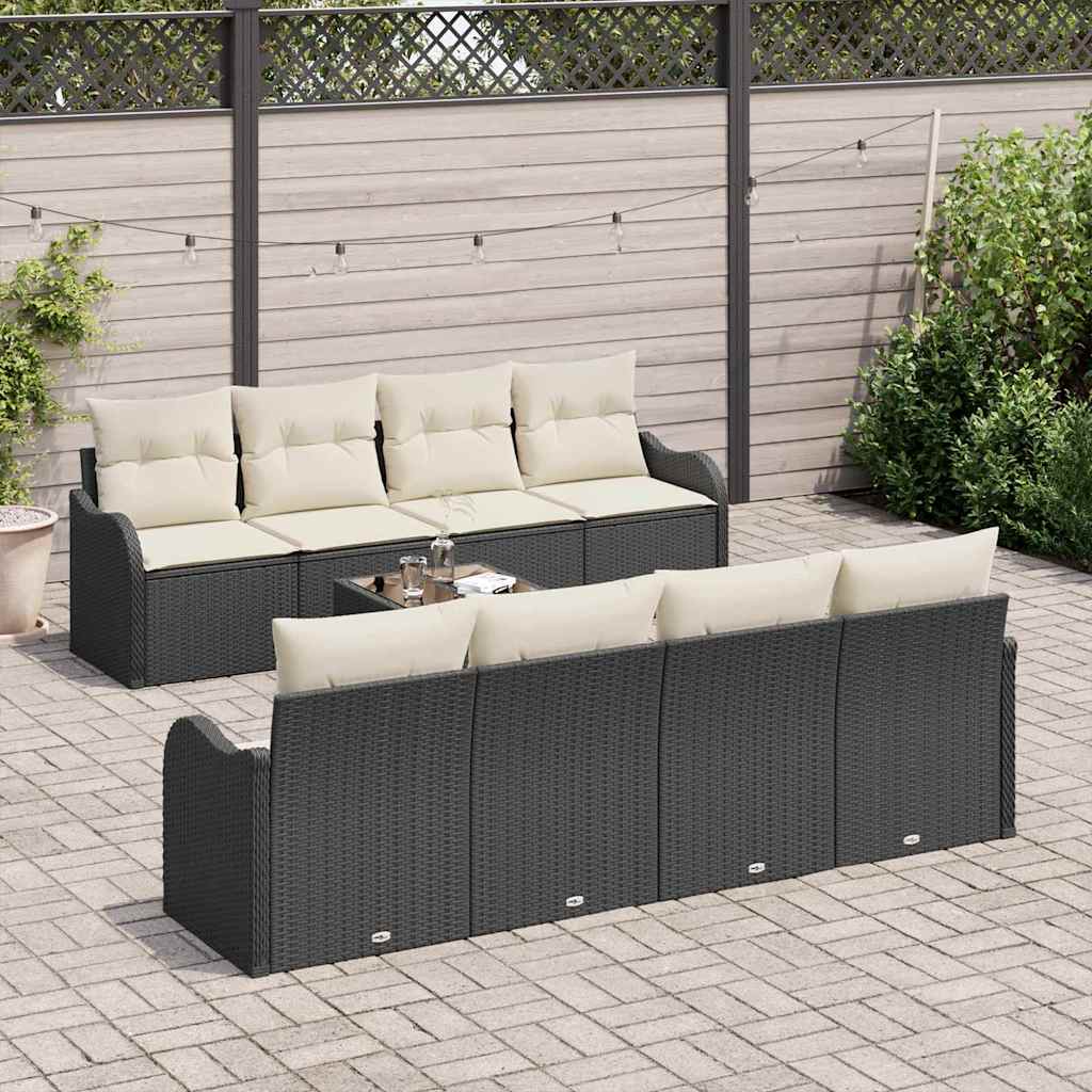 Havesofa Sæt 9 pcs Sort og Cream Poly Rattan og Stål og Glas