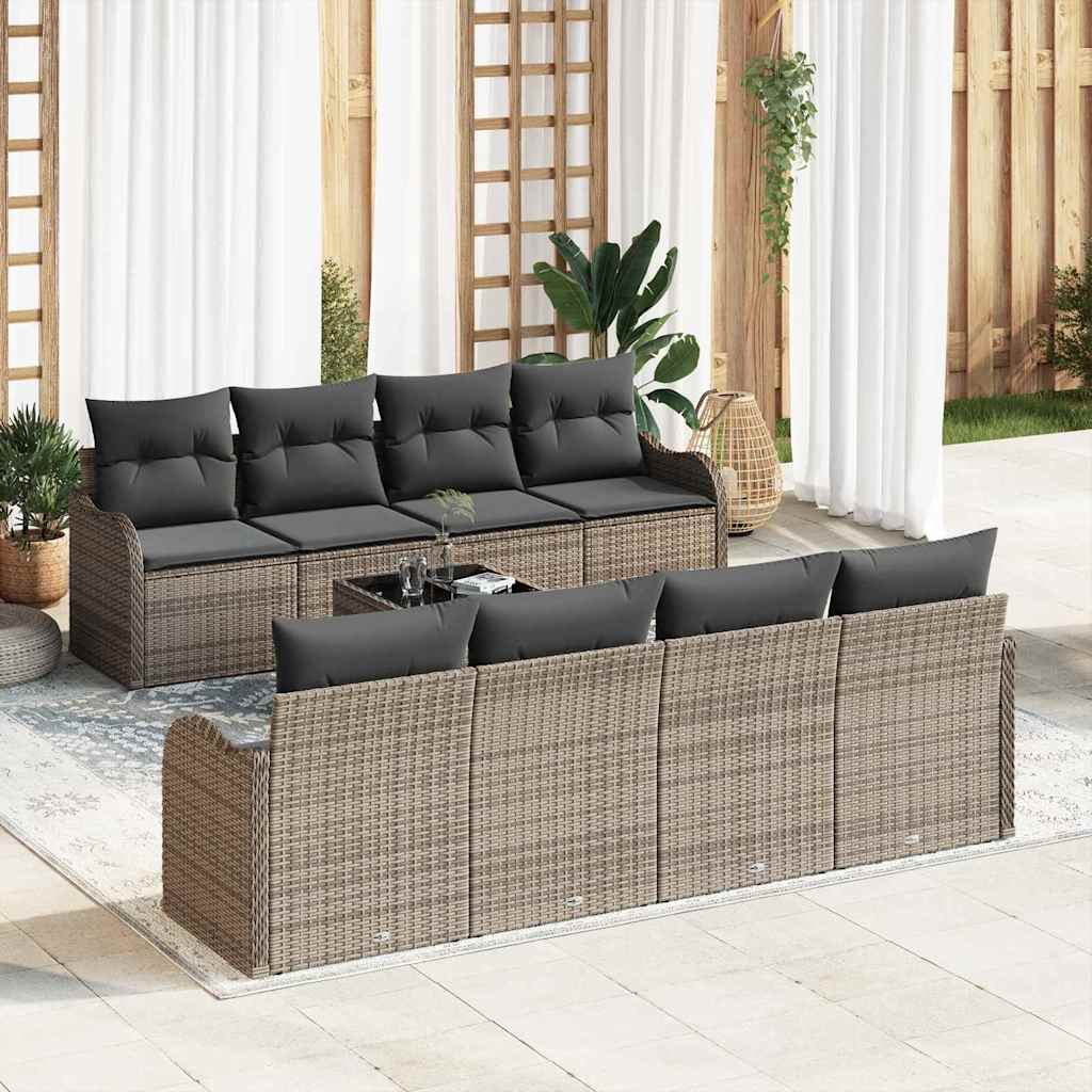 Havesofa Sæt med pude 9 pcs Grå Poly Rattan og Stål og Glas