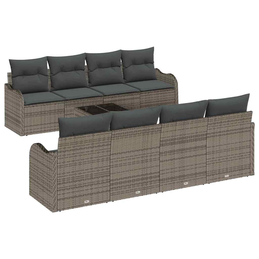 Havesofa Sæt med pude 9 pcs Grå Poly Rattan og Stål og Glas