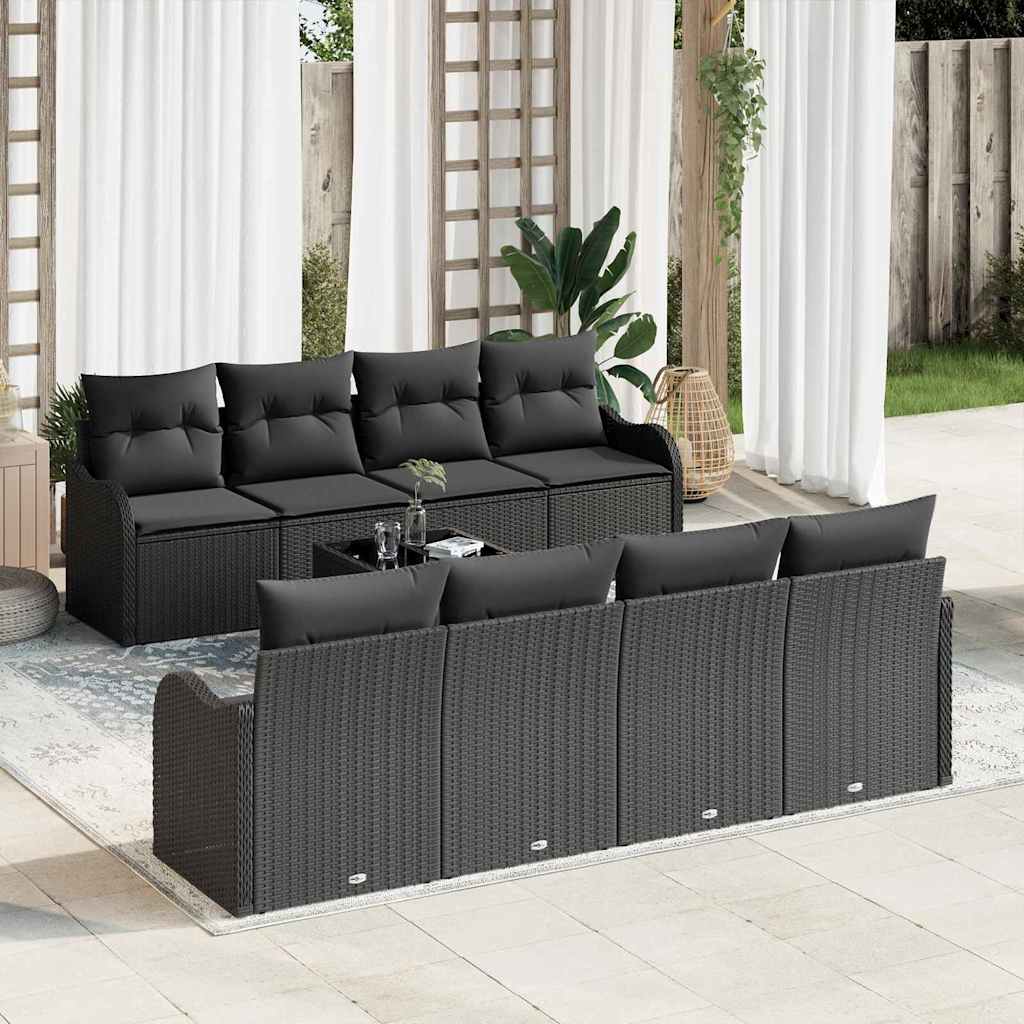 Havesofa Sæt med pude 9 pcs Sort Poly Rattan og Stål og Glas