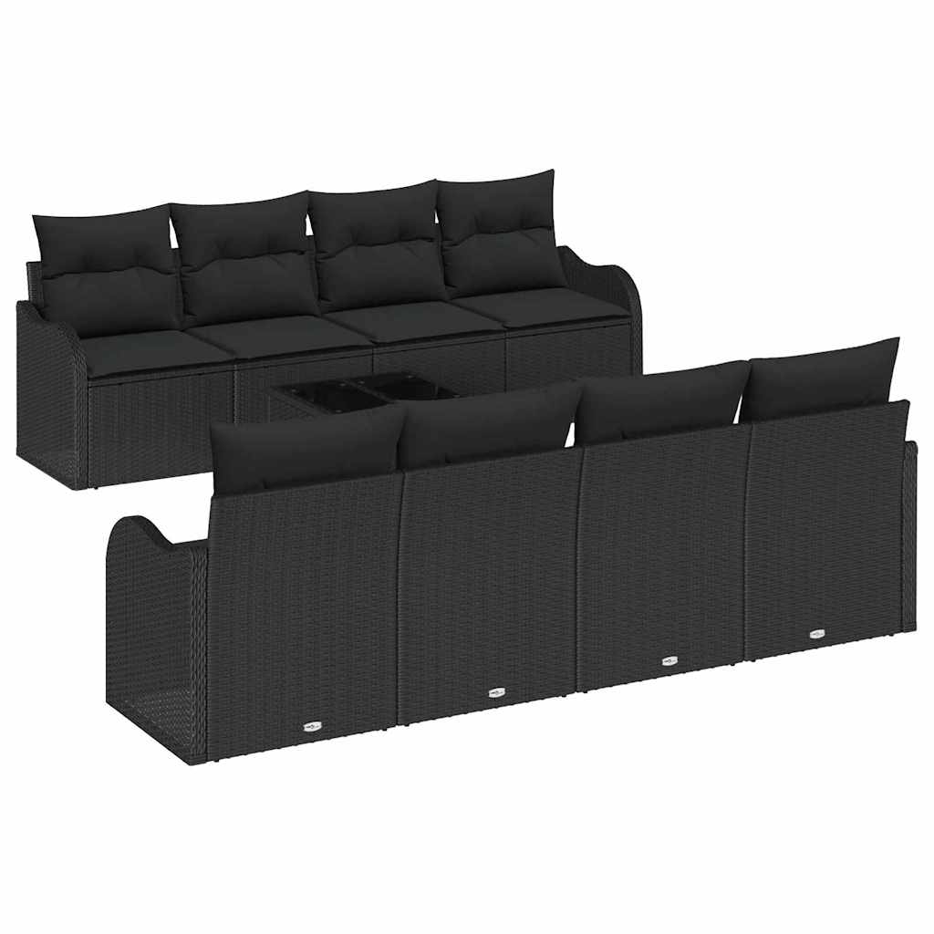 Havesofa Sæt med pude 9 pcs Sort Poly Rattan og Stål og Glas