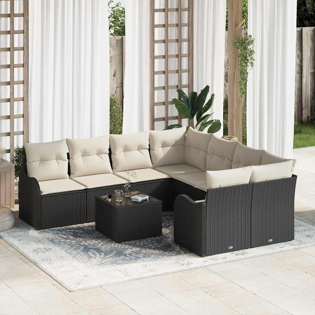 Havesofa Sæt 9 pcs Sort og Cream Poly Rattan og Stål og Glas