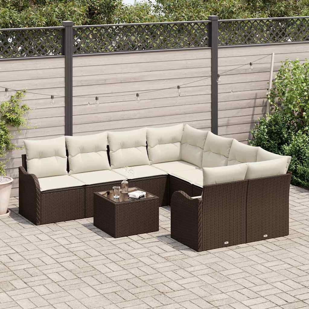 Havesofa Sæt 9 pcs Brun og Creme Poly Rattan og Stål og Glas