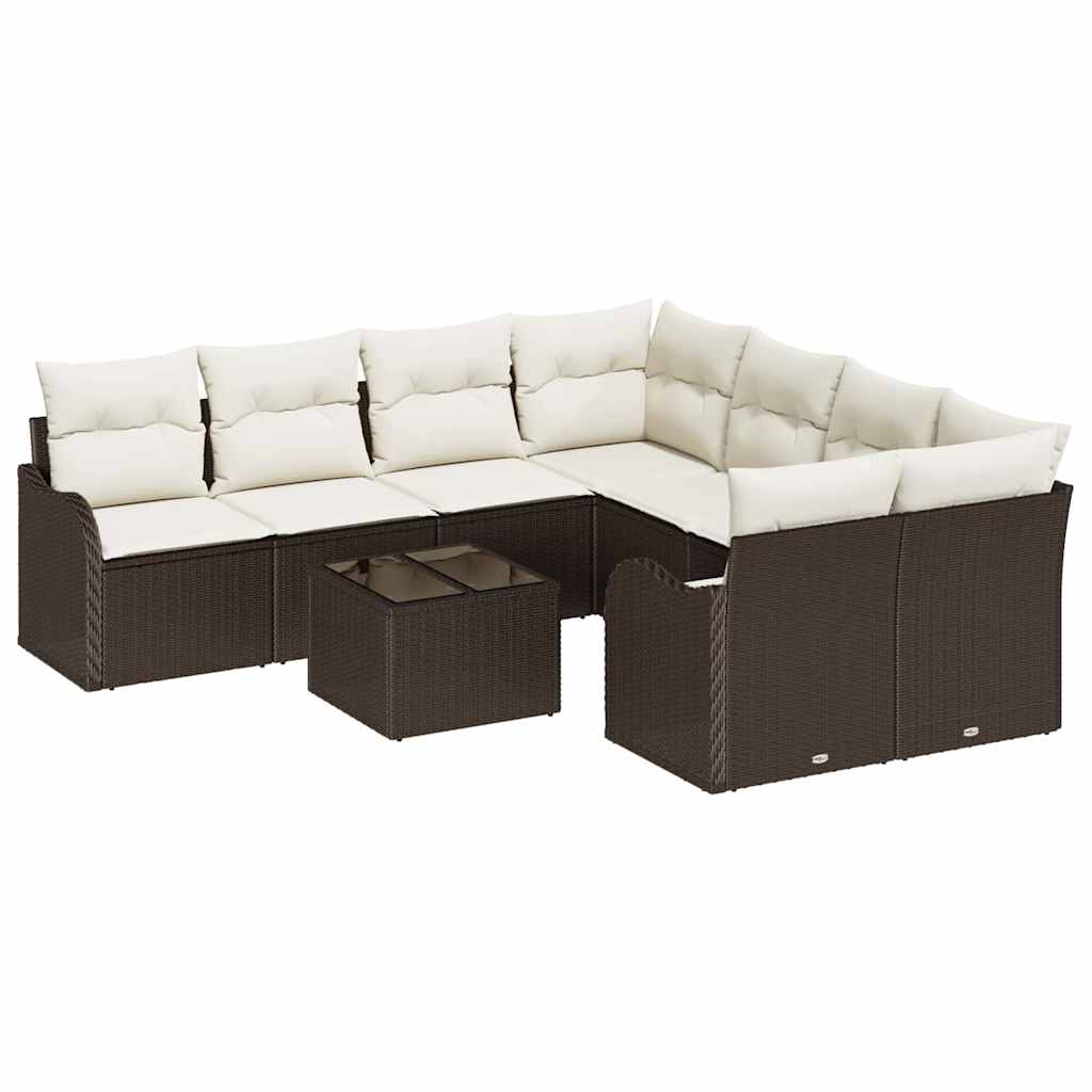 Havesofa Sæt 9 pcs Brun og Creme Poly Rattan og Stål og Glas