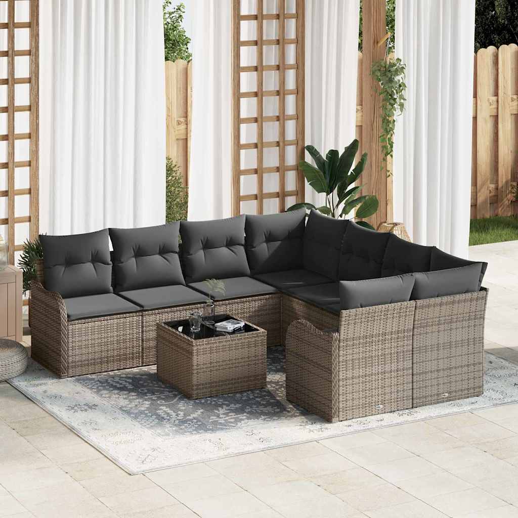 Havesofa Sæt med pude 9 pcs Grå Poly Rattan og Stål og Glas