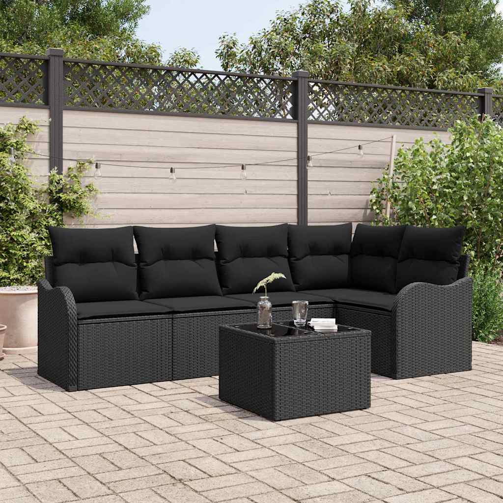 Havesofa Sæt med opbevaring 6 pcs Sort polyrattan