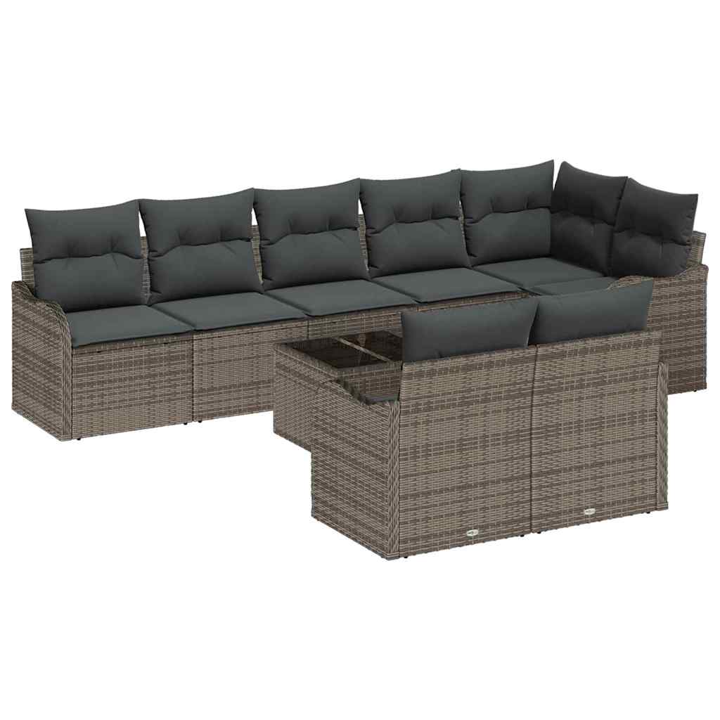Havesofa Sæt med pude 9 pcs Grå Poly rattan