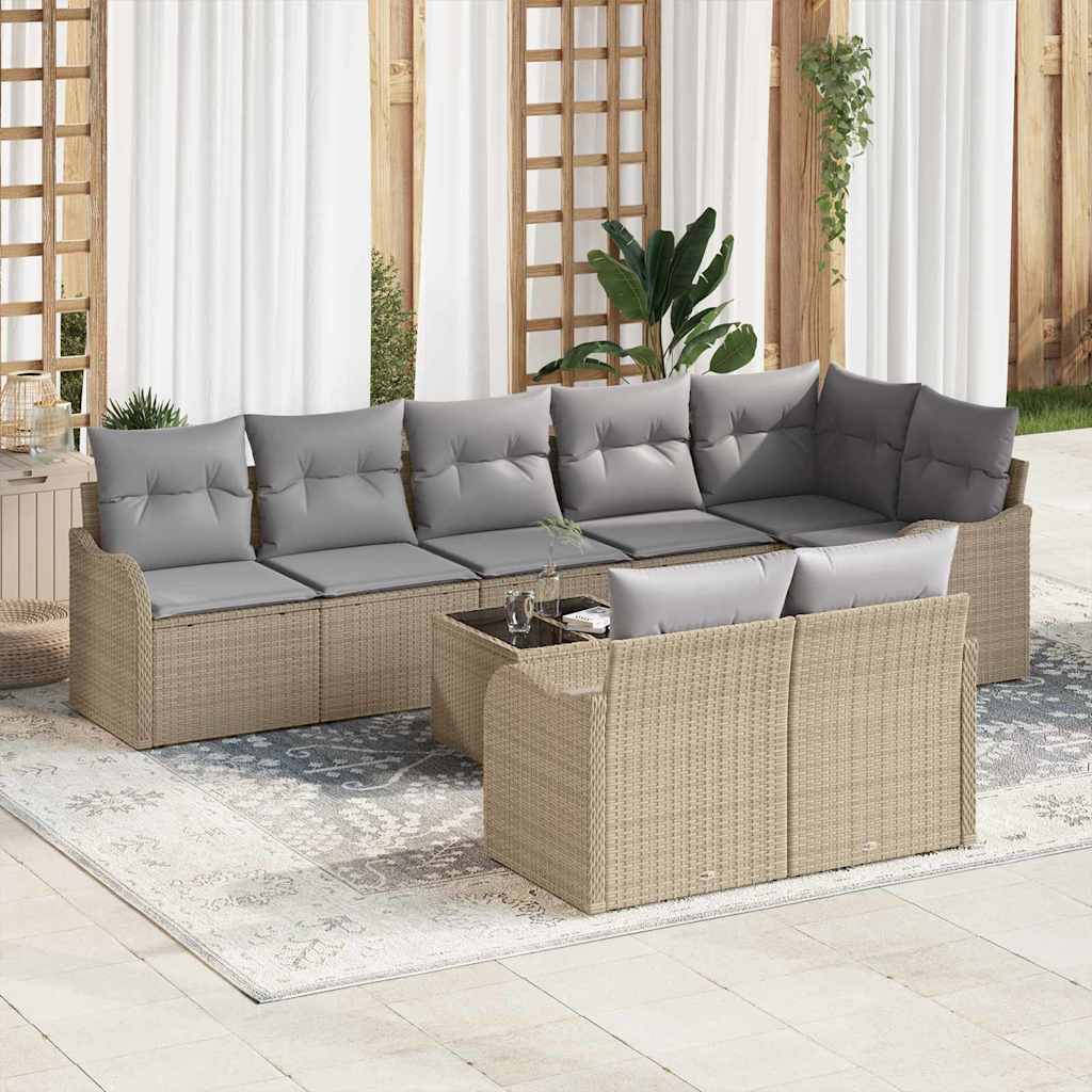 Havesofa Sæt med pude 9 pcs beige og lysegrå Poly rattan