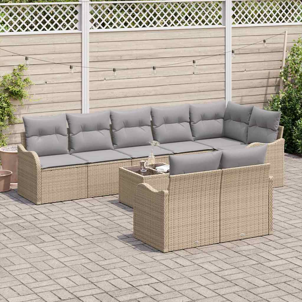 Havesofa Sæt med pude 9 pcs beige og lysegrå Poly rattan