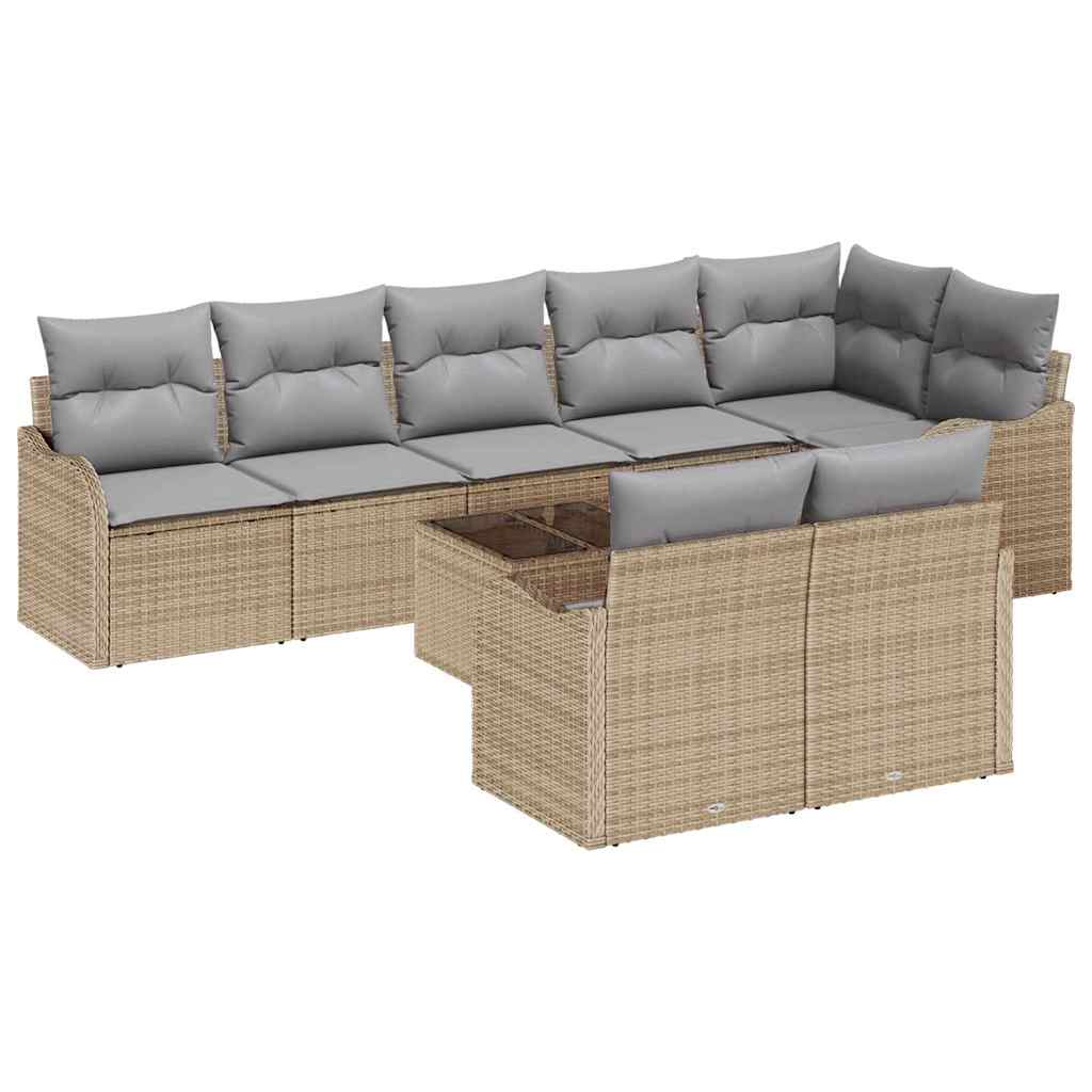 Havesofa Sæt med pude 9 pcs beige og lysegrå Poly rattan