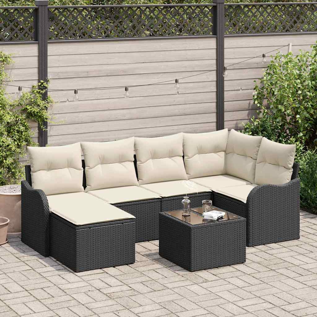 Havesofa Sæt med pude 7 pcs Sort og hvid Poly rattan