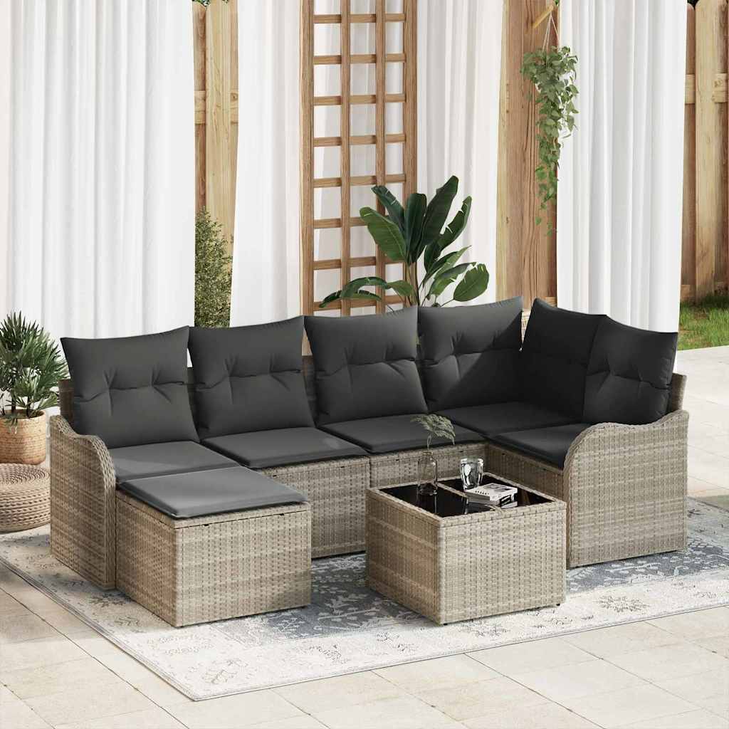 Havesofa Sæt med pude 7 pcs Lysegrå Poly rattan
