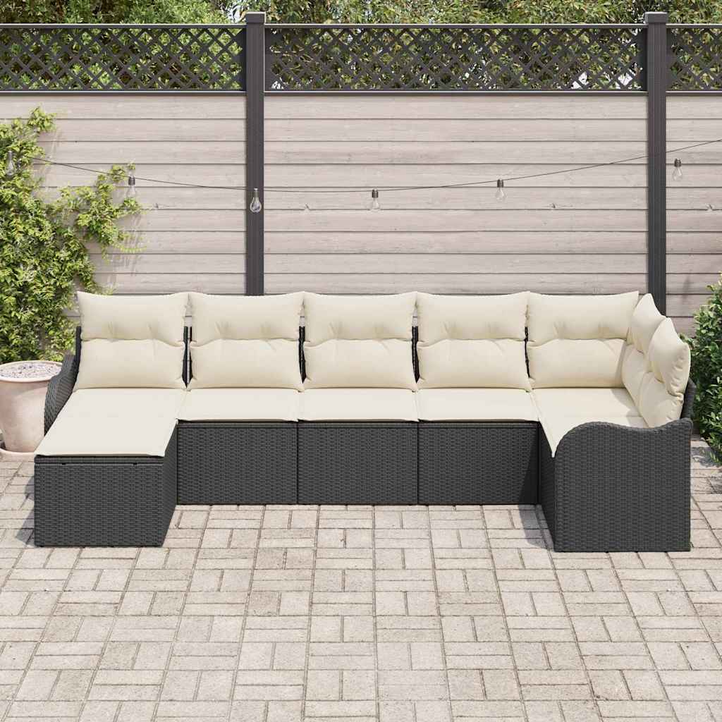 Havesofa Sæt med pude 7 pcs Sort og hvid Poly rattan