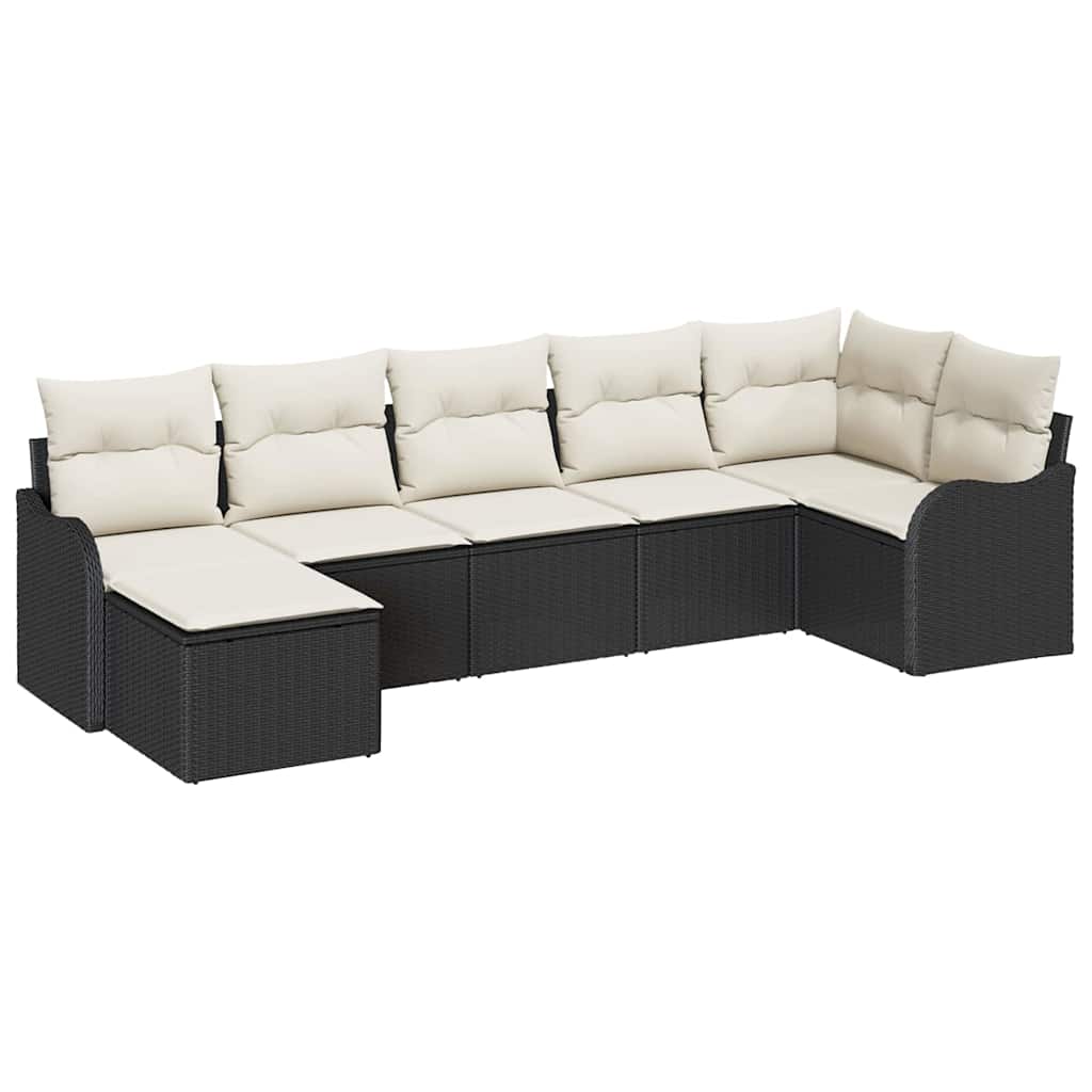 Havesofa Sæt med pude 7 pcs Sort og hvid Poly rattan