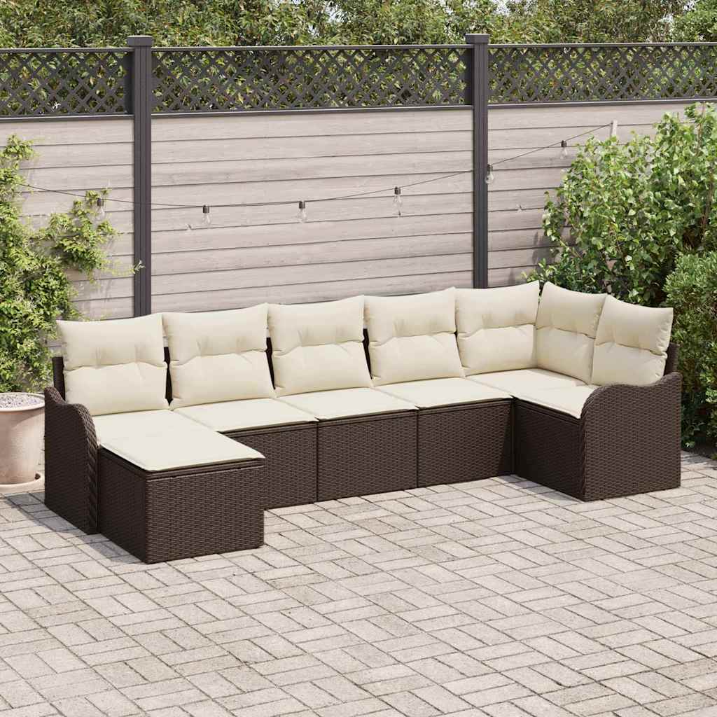 Havesofa Sæt med pude 7 pcs Brun og hvid Poly rattan