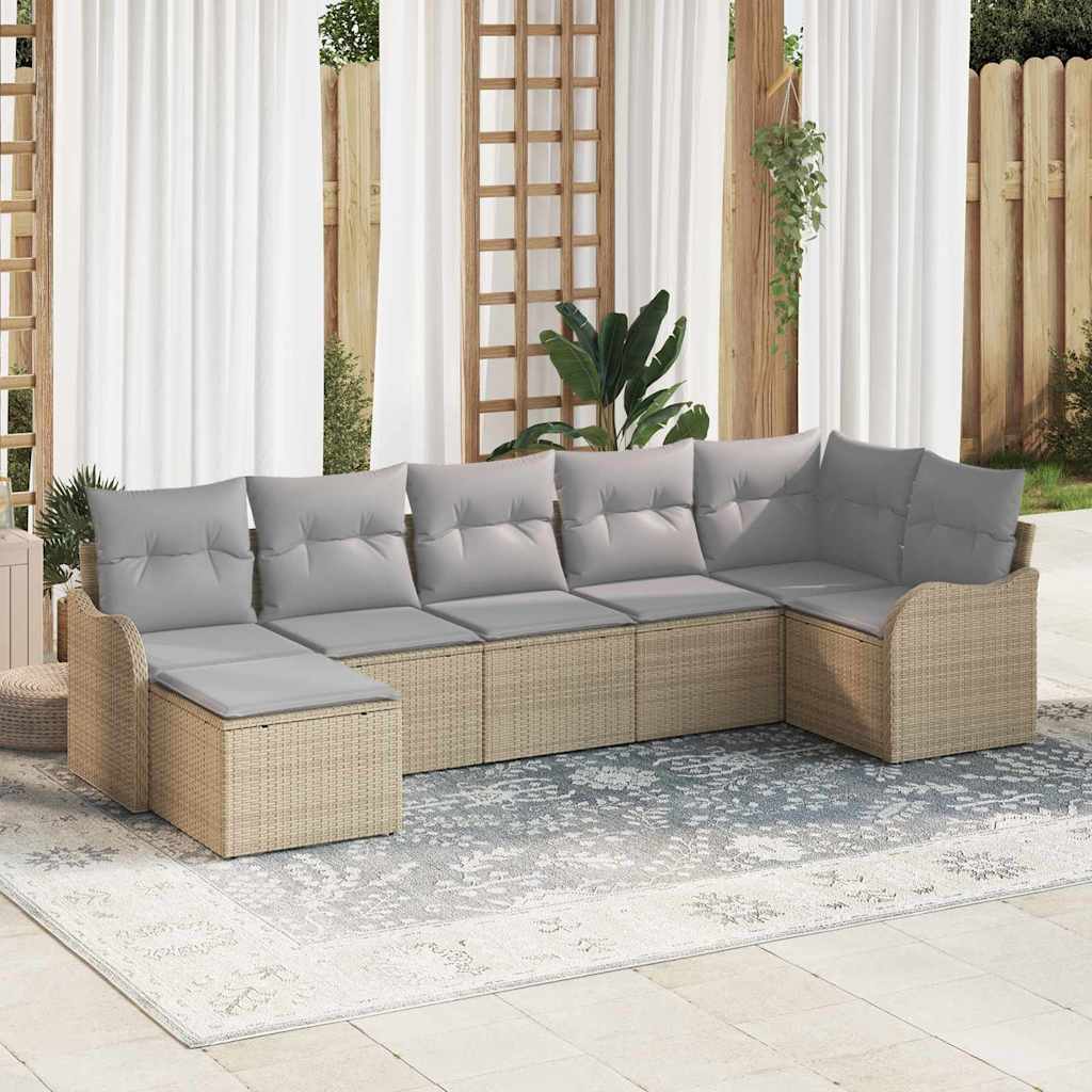 Havesofa Sæt med pude 7 pcs beige og lysegrå Poly rattan