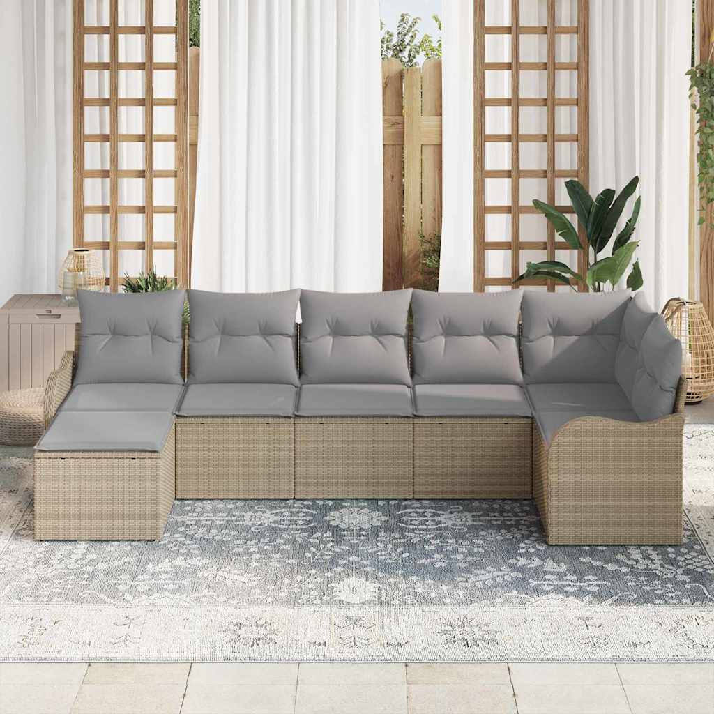 Havesofa Sæt med pude 7 pcs beige og lysegrå Poly rattan
