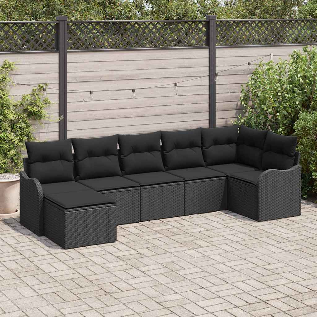 Havesofa Sæt med pude 7 pcs Sort Poly rattan
