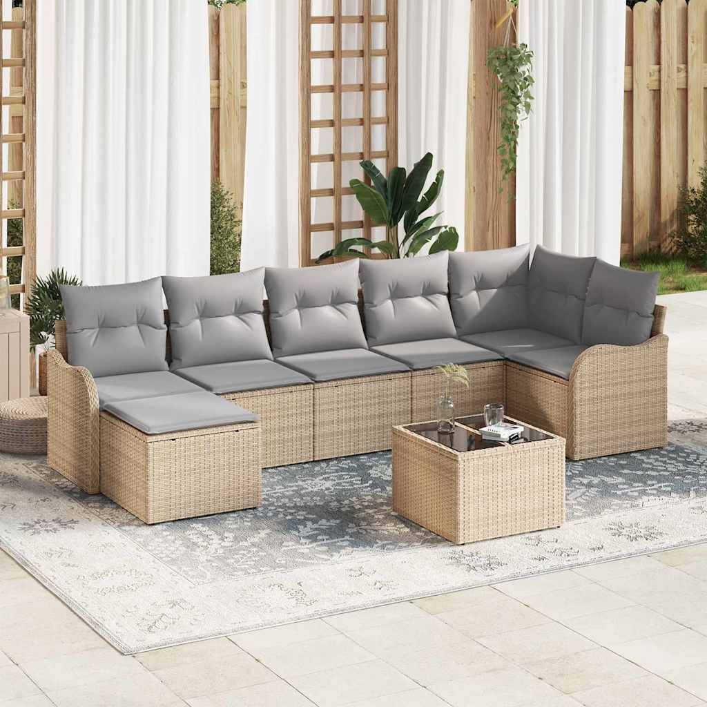 Havesofa Sæt med pude 8 pcs beige og lysegrå Poly rattan