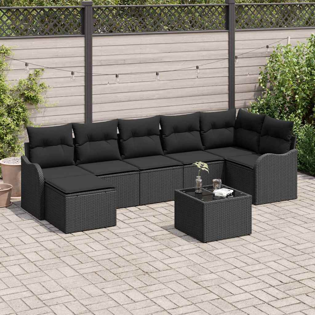 Havesofa Sæt med pude 8 pcs Sort Poly rattan