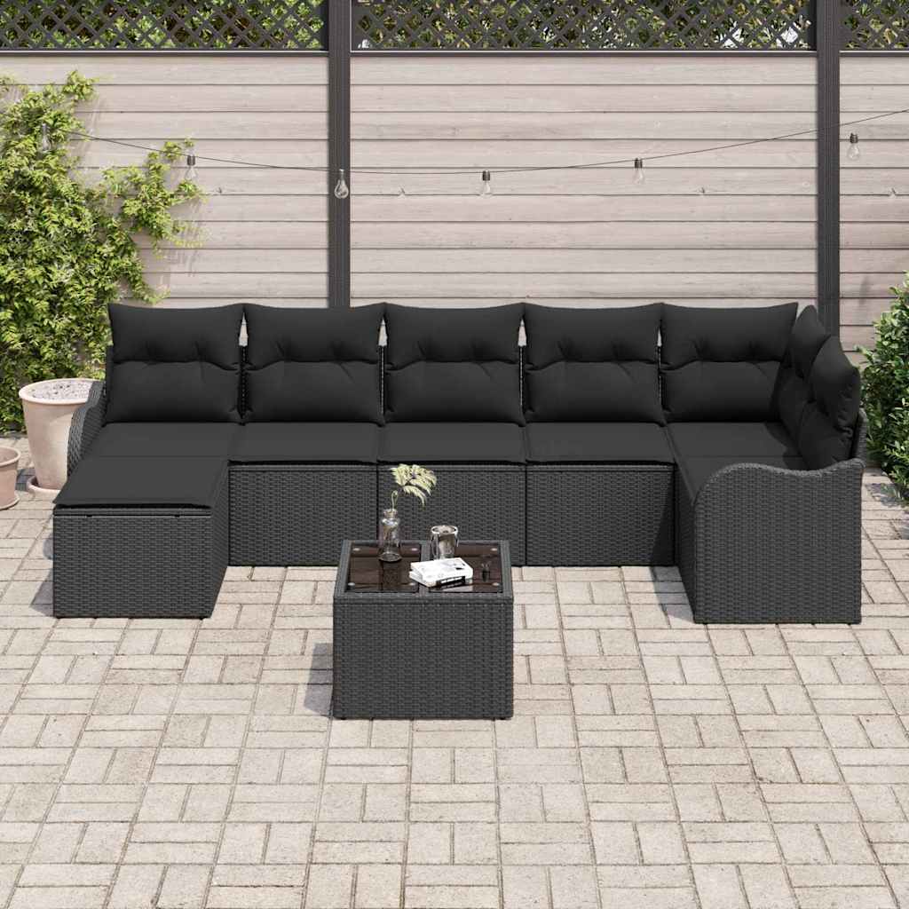 Havesofa Sæt med pude 8 pcs Sort Poly rattan