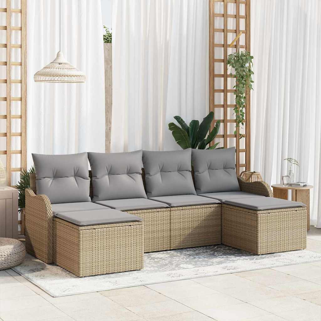 Havesofa Sæt med pude 6 pcs beige og lysegrå Poly rattan