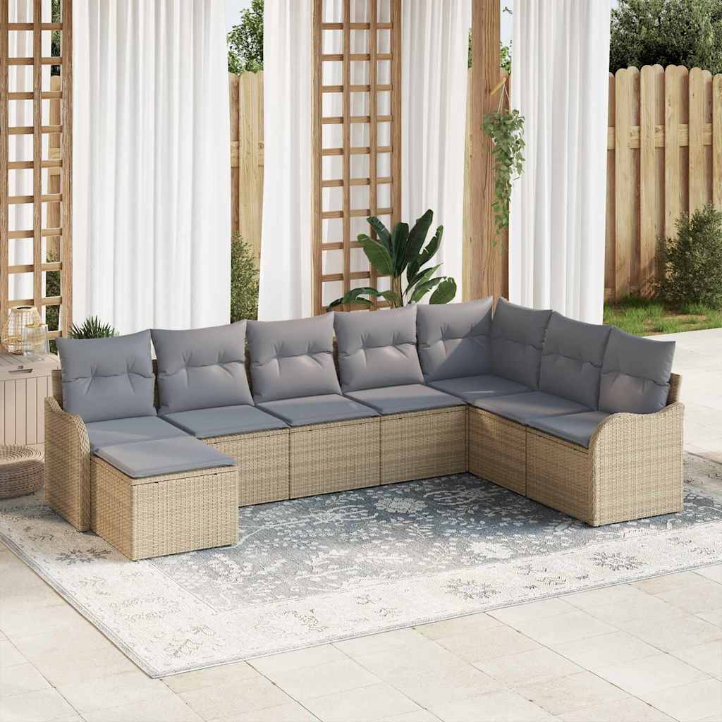 Havesofa Sæt med pude 8 pcs beige og lysegrå Poly rattan
