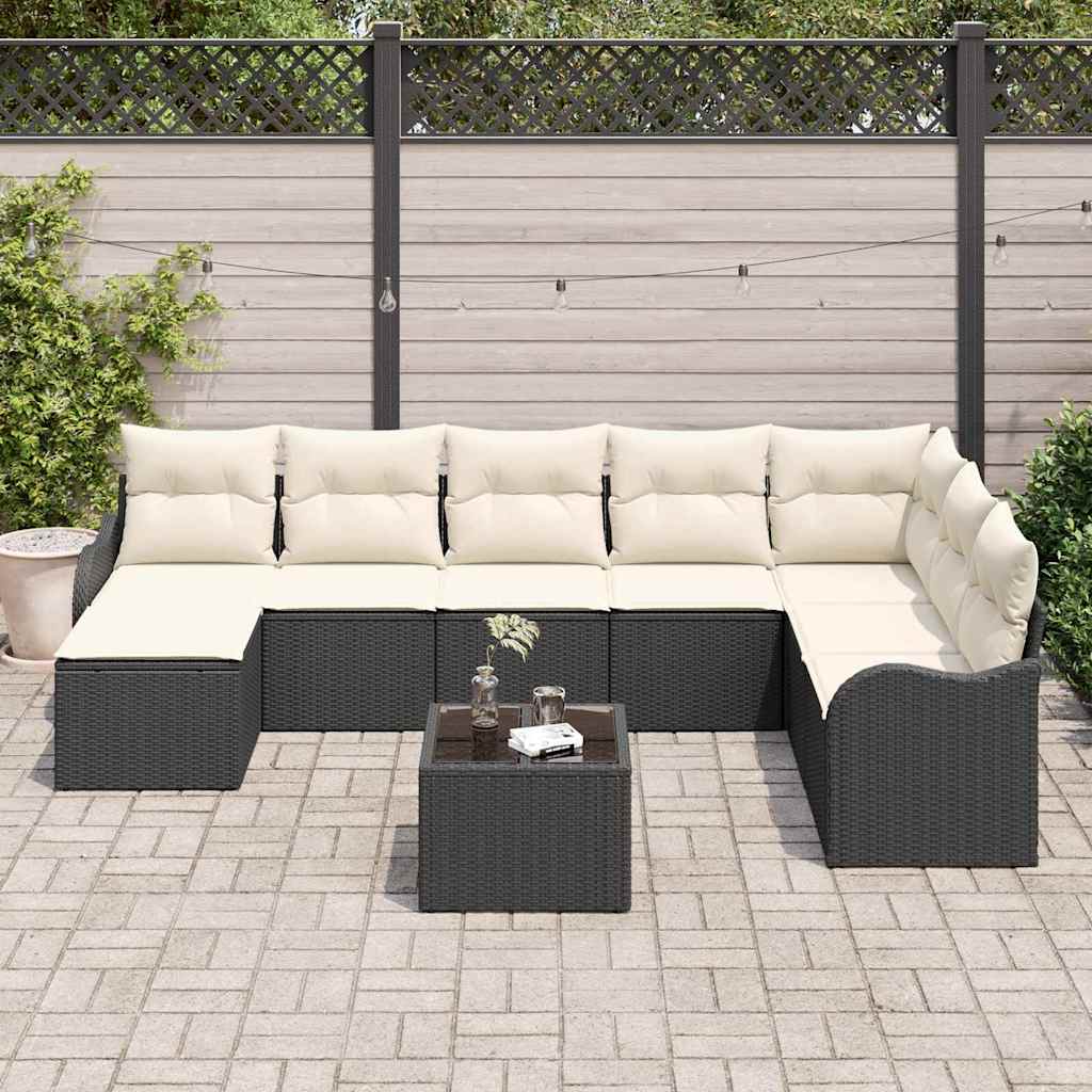 Havesofa Sæt med pude 9 pcs Sort og hvid Poly rattan