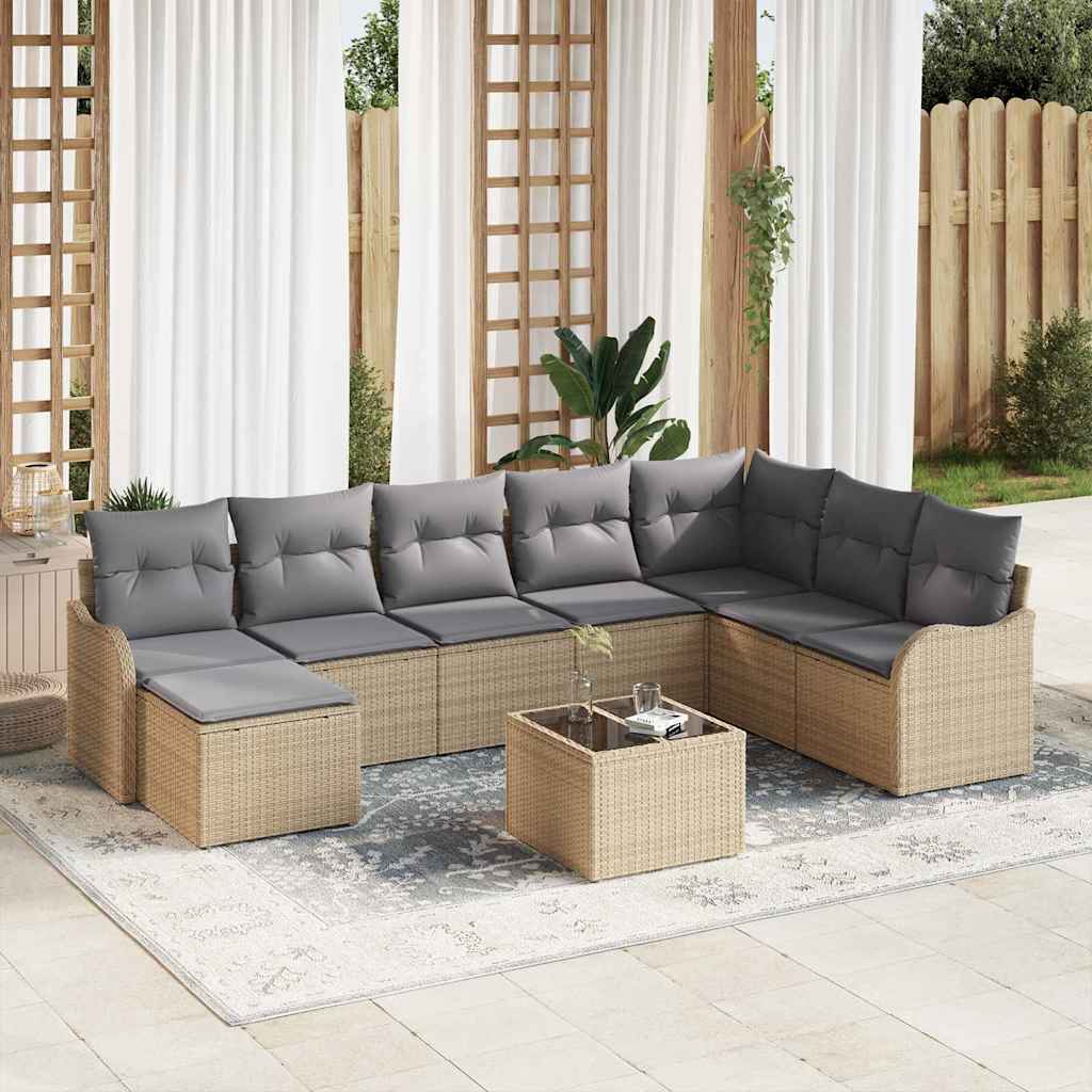 Havesofa Sæt med pude 9 pcs beige og lysegrå Poly rattan