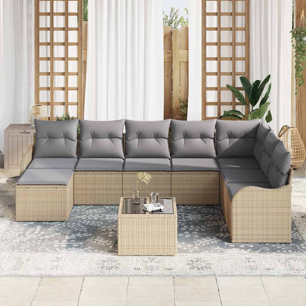 Havesofa Sæt med pude 9 pcs beige og lysegrå Poly rattan