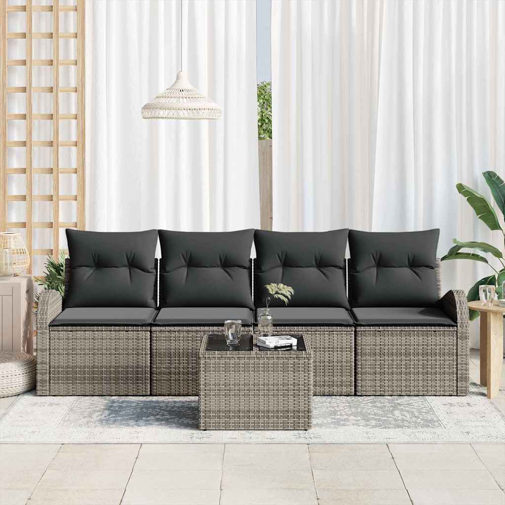 Havesofa Sæt med opbevaring med pude 5 pcs Grå polyrattan