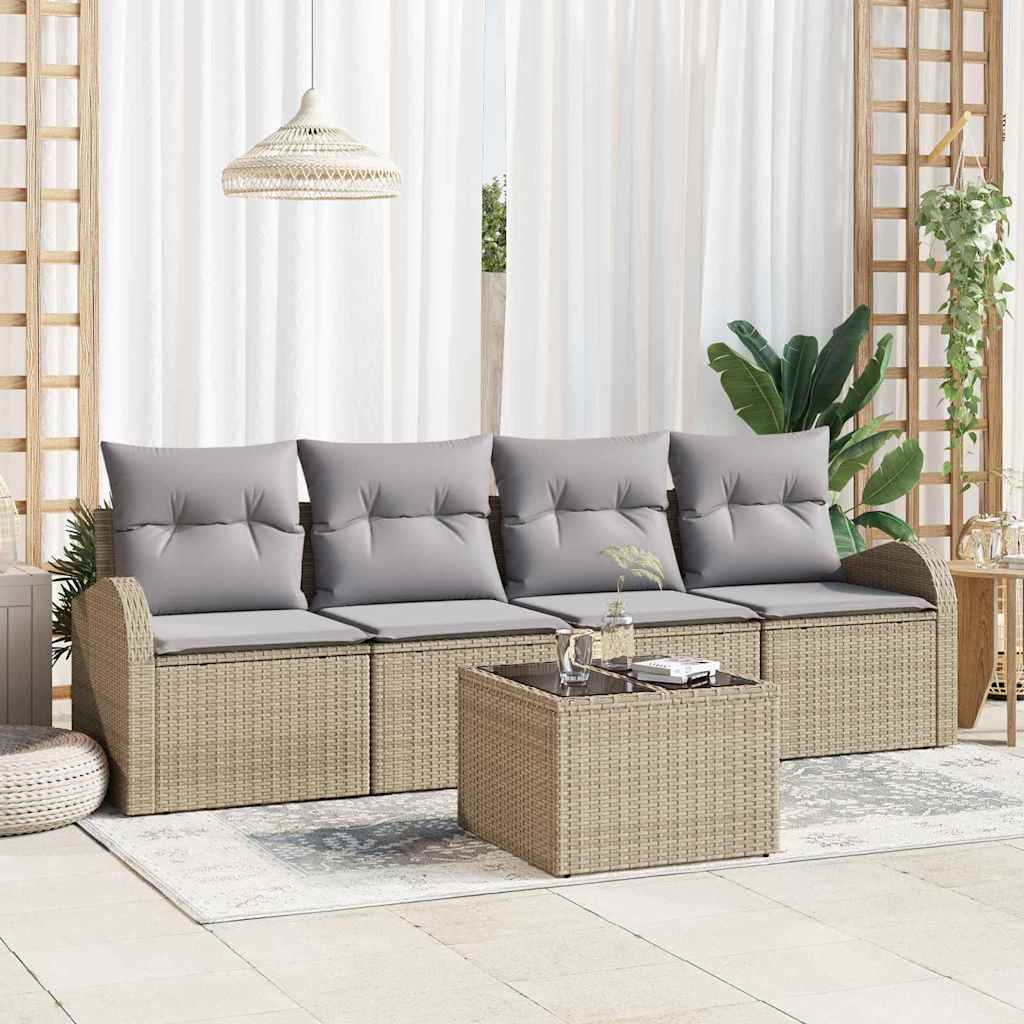 Havesofa Sæt med opbevaring 5 pcs Beige og grå polyrattan