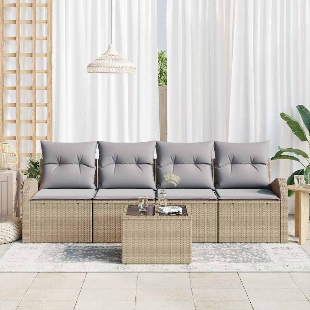 Havesofa Sæt med opbevaring 5 pcs Beige og grå polyrattan