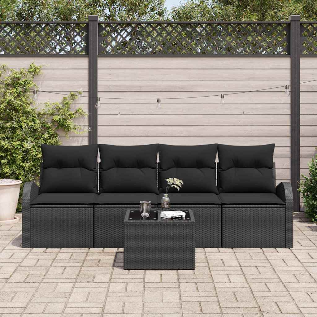 Havesofa Sæt med opbevaring med pude 5 pcs Sort polyrattan