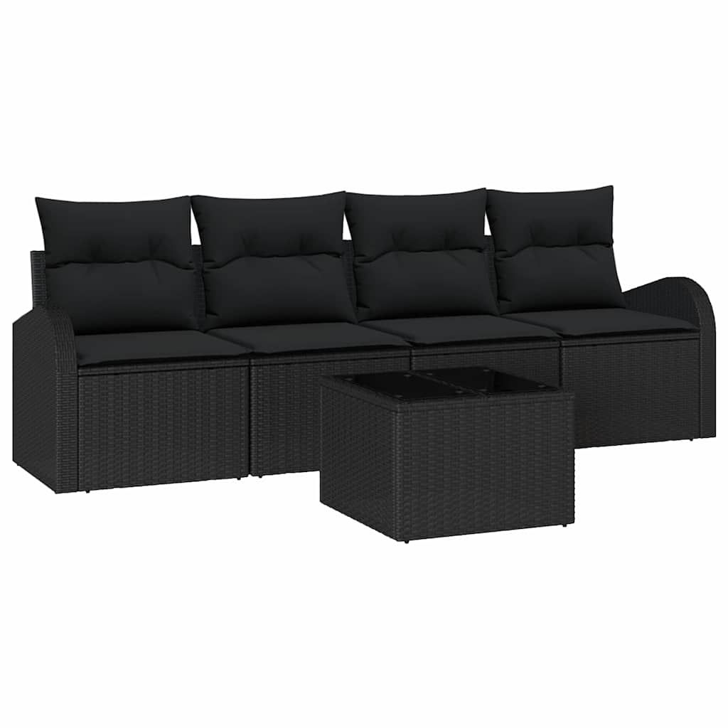 Havesofa Sæt med opbevaring med pude 5 pcs Sort polyrattan