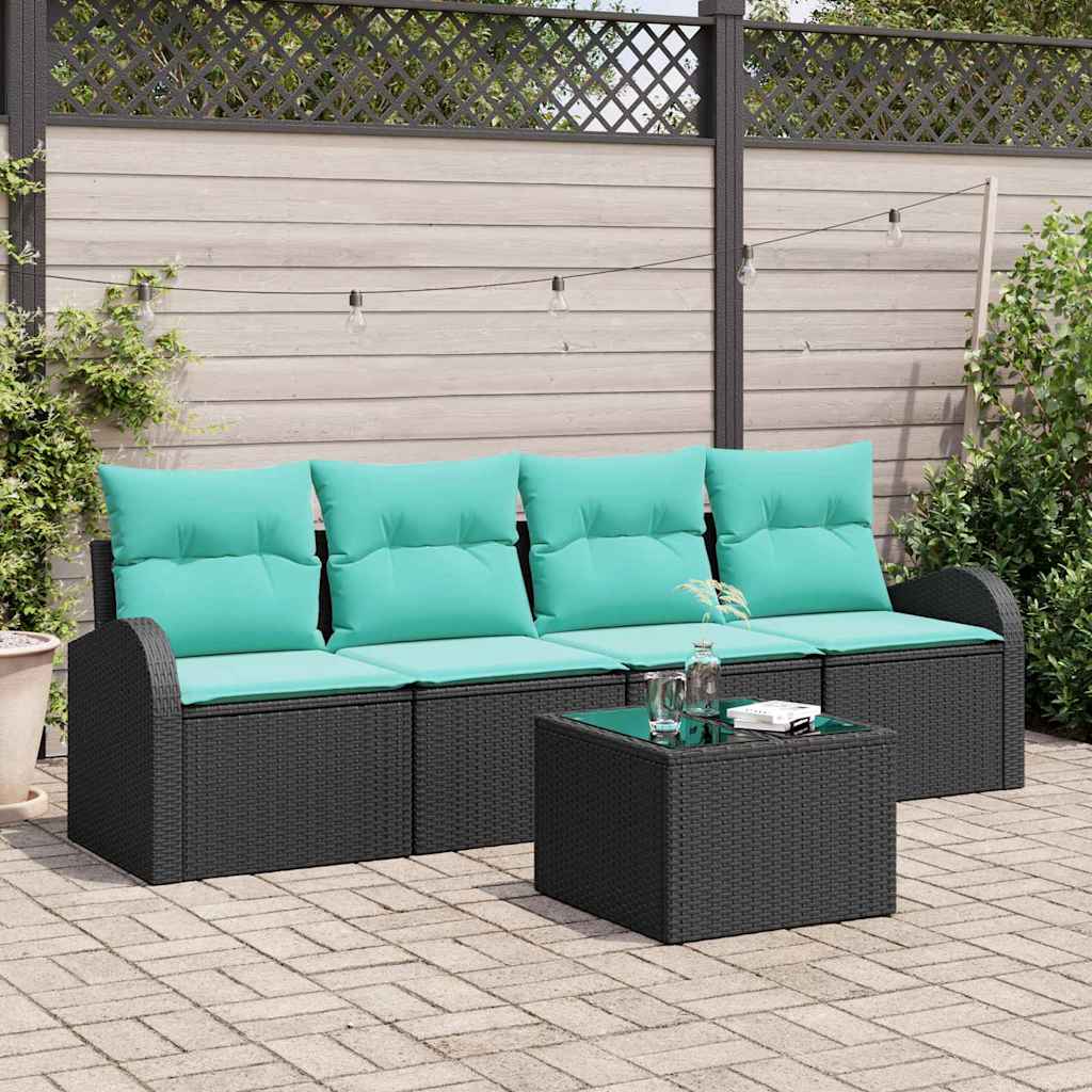 Havesofa Sæt med opbevaring 5 pcs Sort og turkis polyrattan