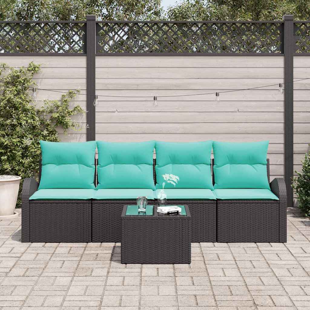 Havesofa Sæt med opbevaring 5 pcs Sort og turkis polyrattan
