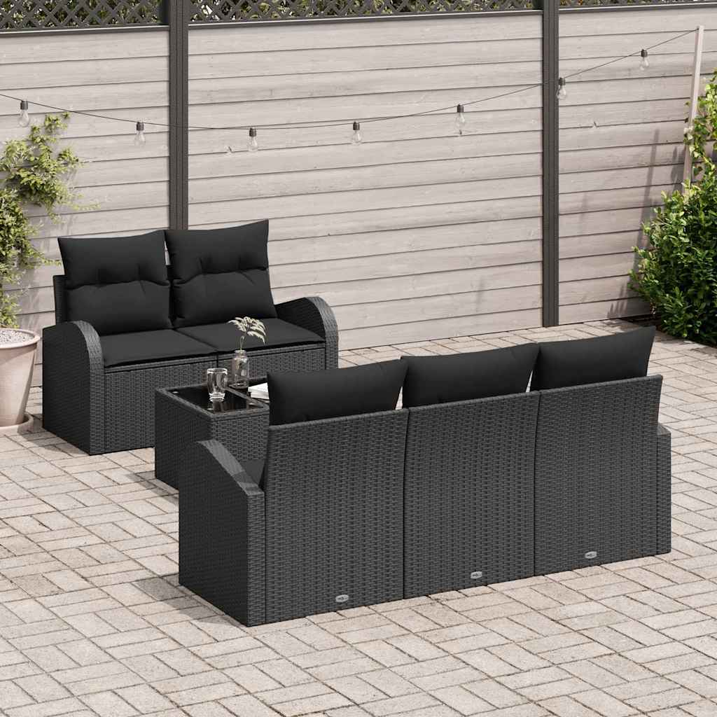 Havesofa Sæt med opbevaring med pude 6 pcs Sort polyrattan