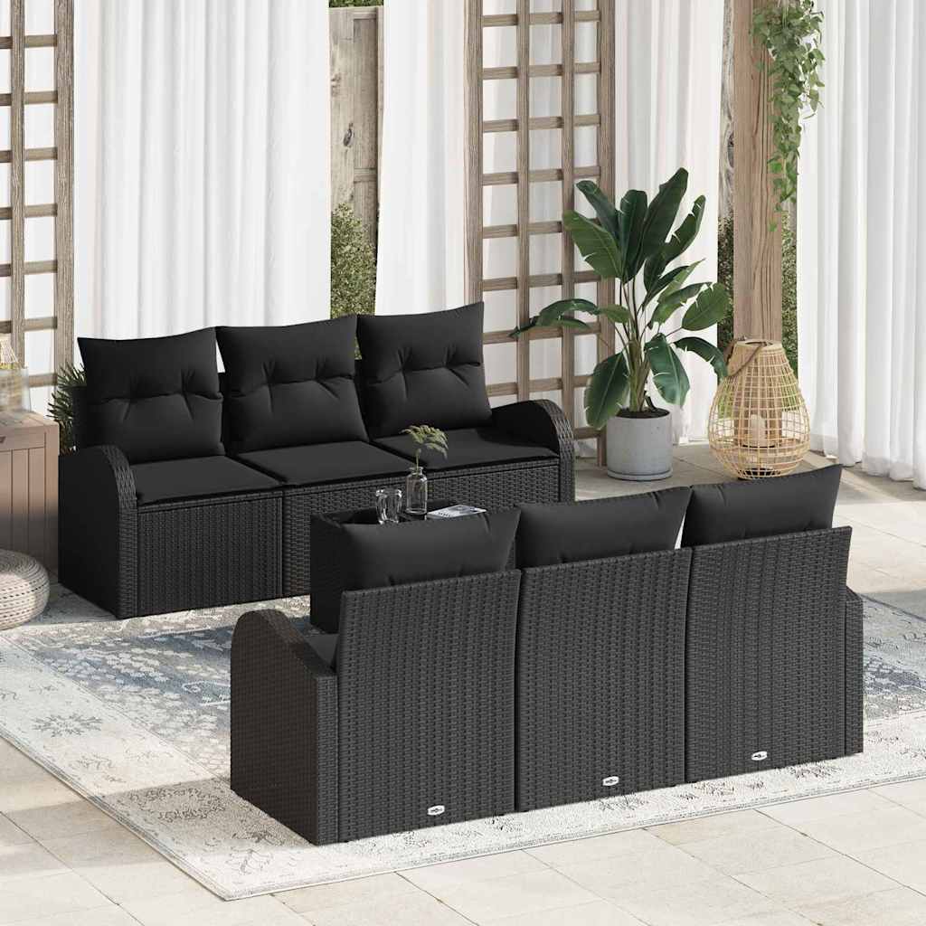 Havesofa Sæt med opbevaring med pude 7 pcs Sort polyrattan