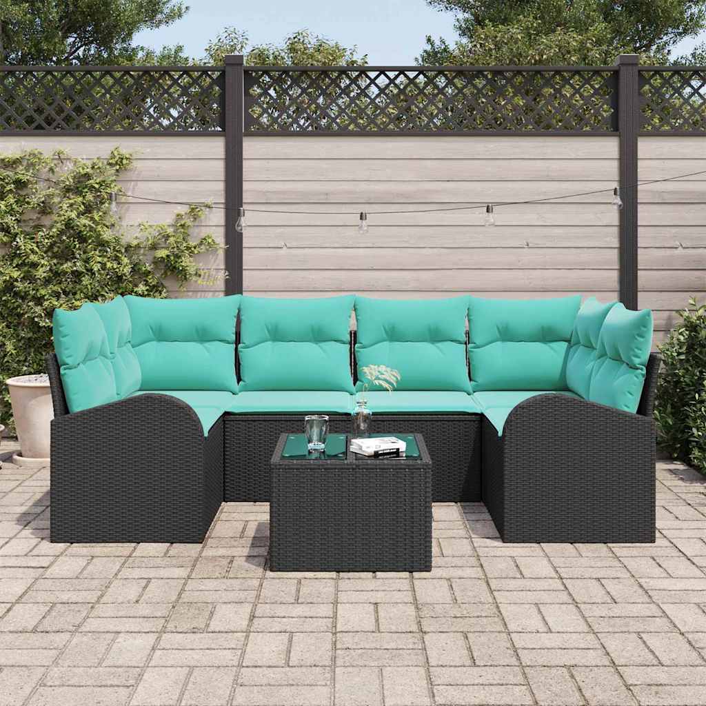 Havesofa Sæt med opbevaring 7 pcs Sort og turkis polyrattan