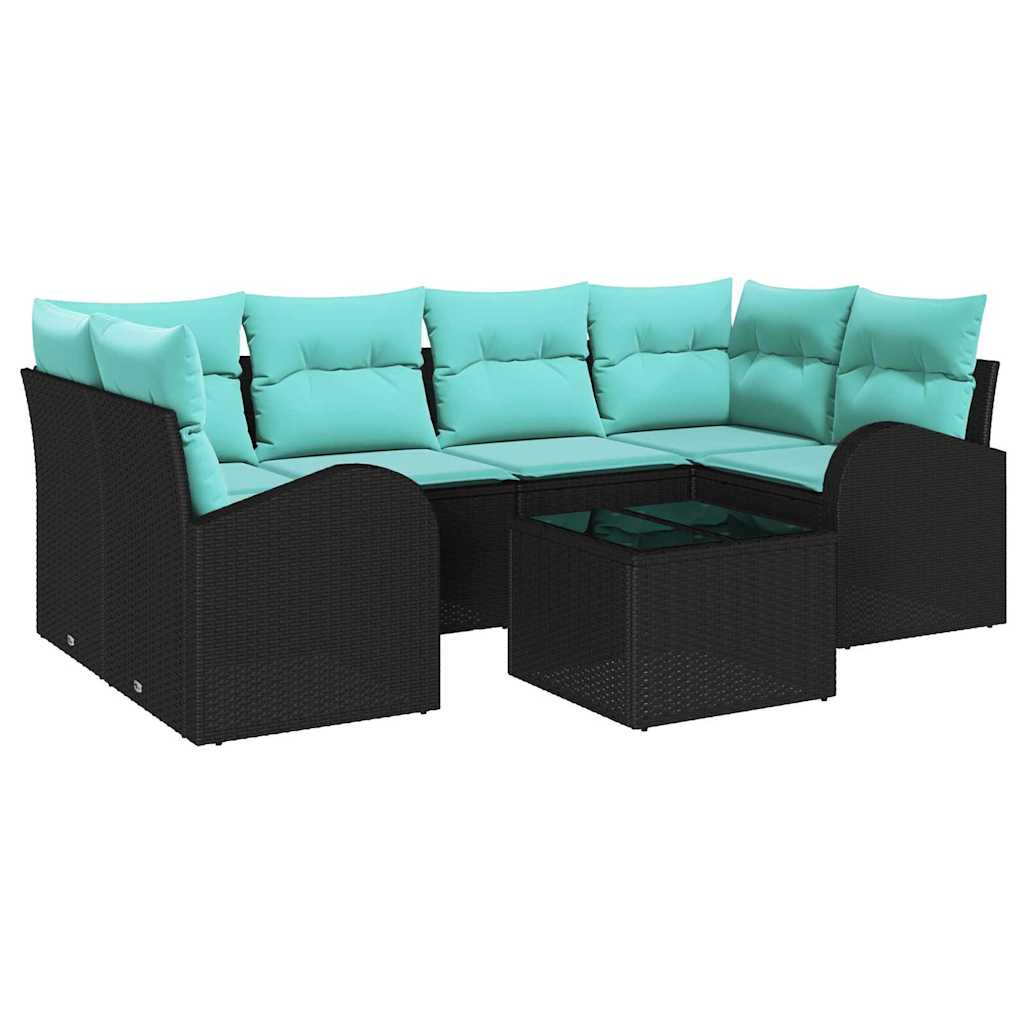Havesofa Sæt med opbevaring 7 pcs Sort og turkis polyrattan