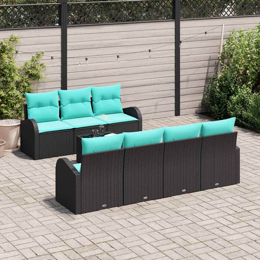 Havesofa Sæt med opbevaring 8 pcs Sort og turkis polyrattan