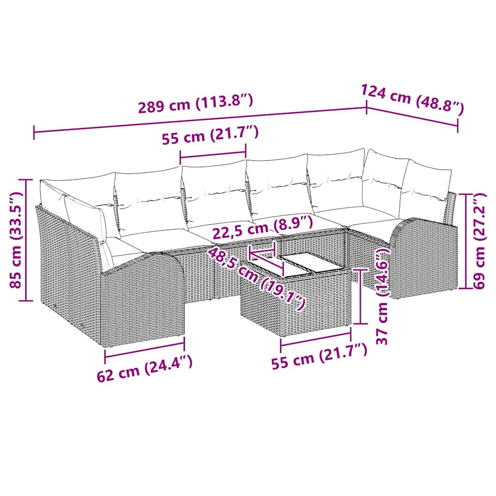 Havesofa Sæt 8 pcs Brun og Creme 289 x 124 x 69 cm polyrattan