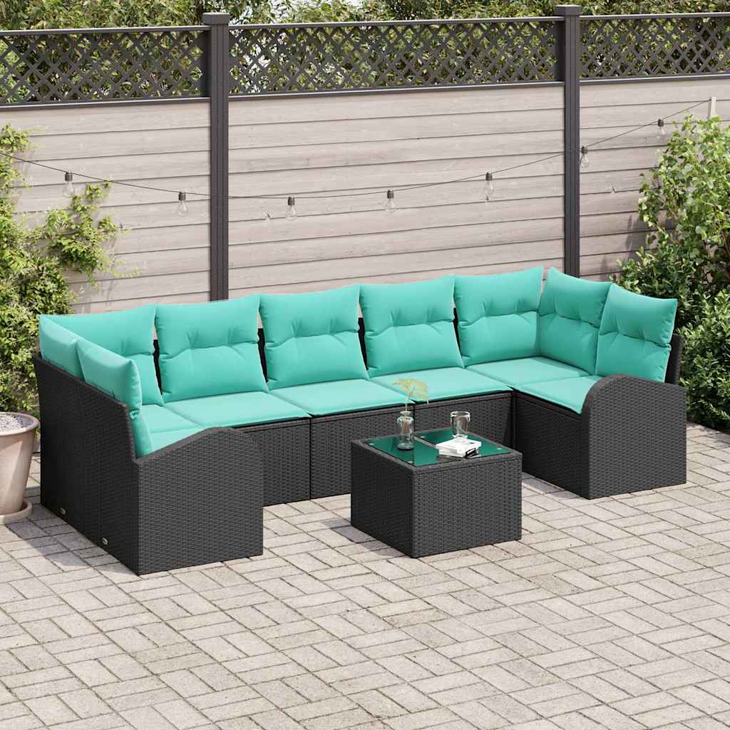Havesofa Sæt med opbevaring 8 pcs Sort og turkis polyrattan